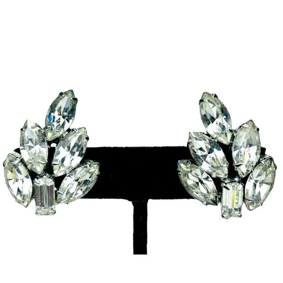 Vintage Weiss Rhinestone Earrings Signed Clip On Clear Retro - Picture 2 of 7